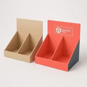 Counter display boxes with two compartments - one plain kraft- one red with The Product Boxes logo and matching dividers