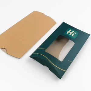 Rectangular window pillow boxes- one plain kraft- one dark green with gold wave design and Hi Custom Boxes branding