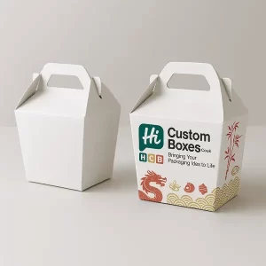 Custom gable top Chinese food box with red dragon and bamboo graphics HCB branding front