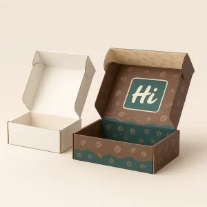 Custom coffee packaging mailer boxes- open- with brown coffee bean design