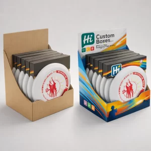 Two cardboard counter display units filled with several white frisbees, one plain and one brightly printed.
