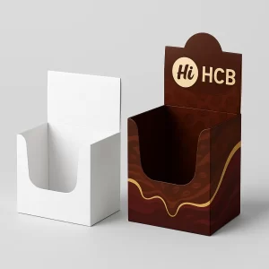 White and branded retail display box with a rounded header for chocolate bars