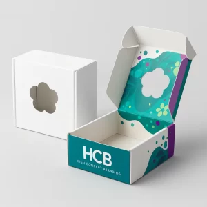 White- opened- and assembled colourful die-cut display soap boxes are shown on a grey background