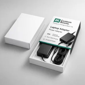 A white slide-out drawer box next to a branded sleeve showing a 65W universal laptop power adapter.
