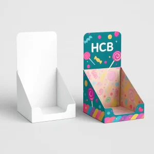 White and branded retail display box for sweets- featuring a pastel interior design