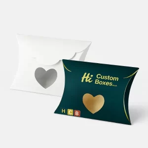 Heart-cut window pillow boxes - one plain white- one dark green with gold heart motif and HCB branding