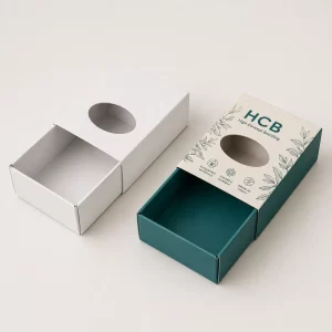 Elegant teal and white sleeve packaging with an oval die-cut window for enhanced retail product visibility.