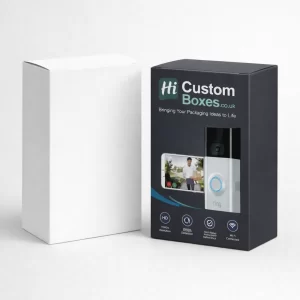Two hanging retail boxes for a smart video doorbell, one plain white and one printed black.