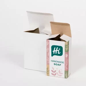 Custom kraft soap box with die-cut window and printed -Handmade Soap- design- displayed alongside a plain white window box packaging