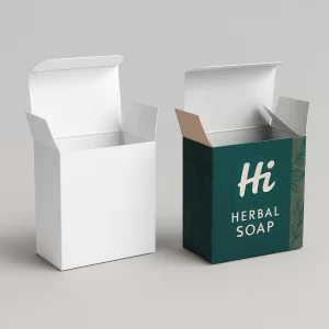 Custom tuck-top boxes for herbal soap- one plain white- one dark green with -Hi- logo