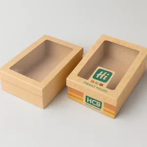 Custom kraft boxes with clear lid and logo for retail, bakery, and gift packaging