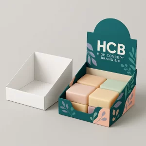 Custom printed soap display boxes- shown empty in white and filled with colourful soap bars