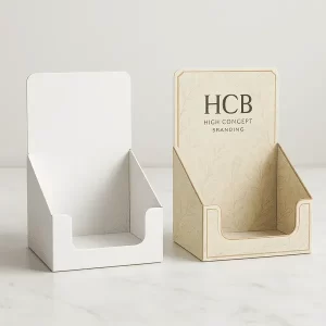 Two counter display boxes one plain white and one custom printed in olive green with floral patterns and Hi Custom Branding logo