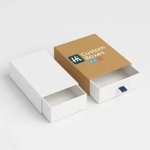 Two sliding drawer boxes one plain white and one kraft sleeve box branded with Hi Custom Boxes logo