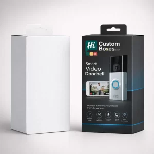 A plain white rectangular box standing next to a custom printed black box for a doorbell.