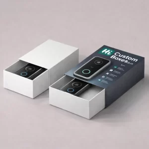 Two drawer-style sleeve boxes with white inner trays, one featuring a printed smart doorbell design.