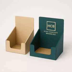 one plain kraft- one dark teal with gold HCB branding and kraft interior