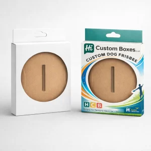 Two thin retail boxes for a dog frisbee, featuring a circular window and colourful branding.