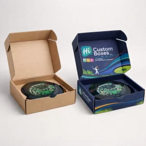 Two open flat mailer boxes showcasing a decorative disc inside, featuring one natural and one blue design.