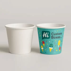 Two ice cream cups side by side one plain white one teal with sprinkles and Hi Custom Boxes print