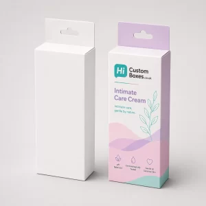 Custom printed boxes for intimate soothing cream with purple flower graphics and white background panels.