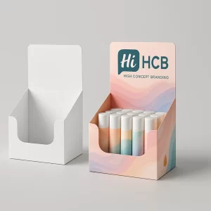 Open printed countertop display box containing twelve tubes of assorted lip balm