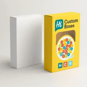 Plain and printed cereal boxes yellow version features HCB logo and a front window cutout