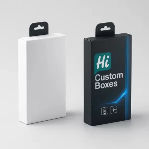 Custom mobile battery packaging boxes with black hanger tab- showing a white plain carton and a branded black box with -Hi Custom Boxes- logo and circuit graphics