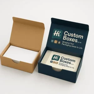 Two tuck top boxes side by side one plain kraft box with white contents and one printed dark blue box with Hi Custom Boxes