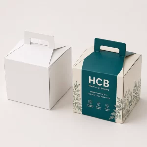 Plain white and custom branded gable boxes with integrated handles for premium retail gift packaging solutions.