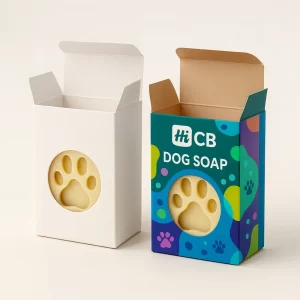 Printed dog soap boxes- one plain and one colourful- both with a paw-shaped window