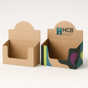Two wide Kraft display boxes- one plain- one custom-printed with a corporate -HCB- logo