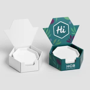 Two open hexagonal boxes for soap- one plain- one custom printed with a botanical design