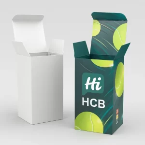 Plain white box and custom printed Hi HCB tennis ball packaging box with green tennis ball graphics- open flap design for sports product display