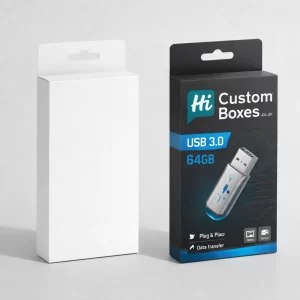 Two vertical retail boxes with hanging tabs, featuring a white blank version and a branded black version.