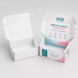 Two cardboard mailing boxes, one plain white and one featuring teal floral medical tampon branding.
