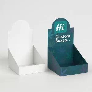 Wholesale retail display boxes with rounded headers- one white- one printed with cannabis leaf pattern