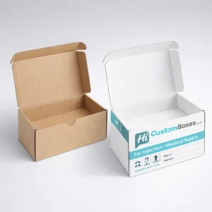 Bespoke mailer-style injection boxes in kraft and white finishes for secure medical supply shipping.