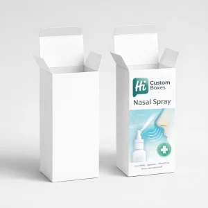 Two tall white nasal spray cartons, one blank and one featuring blue branding and graphics.