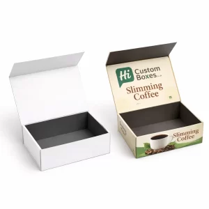 Two luxury magnetic gift boxes for slimming coffee, one plain white and one custom printed.