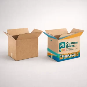 Two open brown cardboard shipping cartons, one plain and one featuring colourful