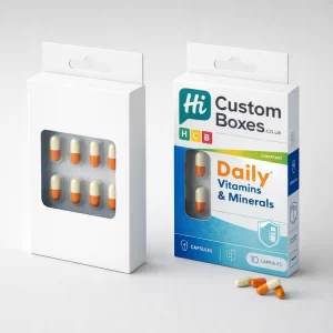 Two vertical vitamin boxes with hanging tabs, one plain white and one with branded graphics.