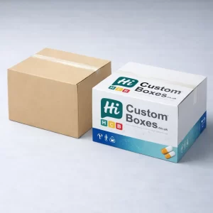 Two large square shipping cartons, one plain brown and one custom printed with company logos.
