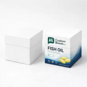 Two white hanging tab boxes, one blank and one featuring professional blue medical supplement branding.