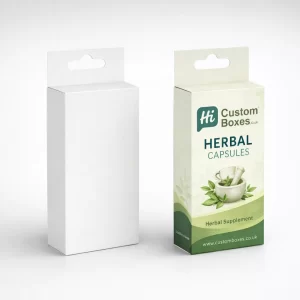 Two white hanging tab boxes, one blank and one printed with green professional herbal labelling.