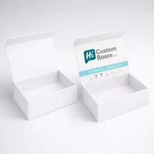 Premium hinged lid custom injection boxes designed for medical kits with interior lid branding.