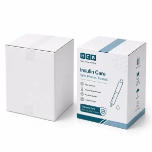 An open and closed blue themed branded box designed for pharmaceutical insulin pen packaging.