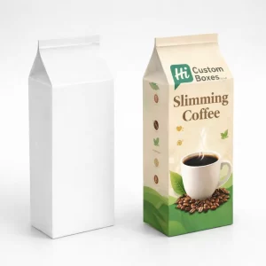 Gable style cardboard packaging for slimming coffee with a white mockup and a printed version.