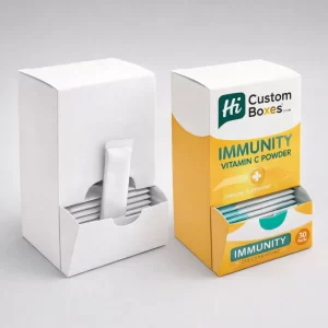 Two dispenser boxes for vitamin C powder, featuring a plain white and a yellow branded version.