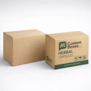Two corrugated mailer boxes, one brown kraft and one white with green leaf interior patterns.